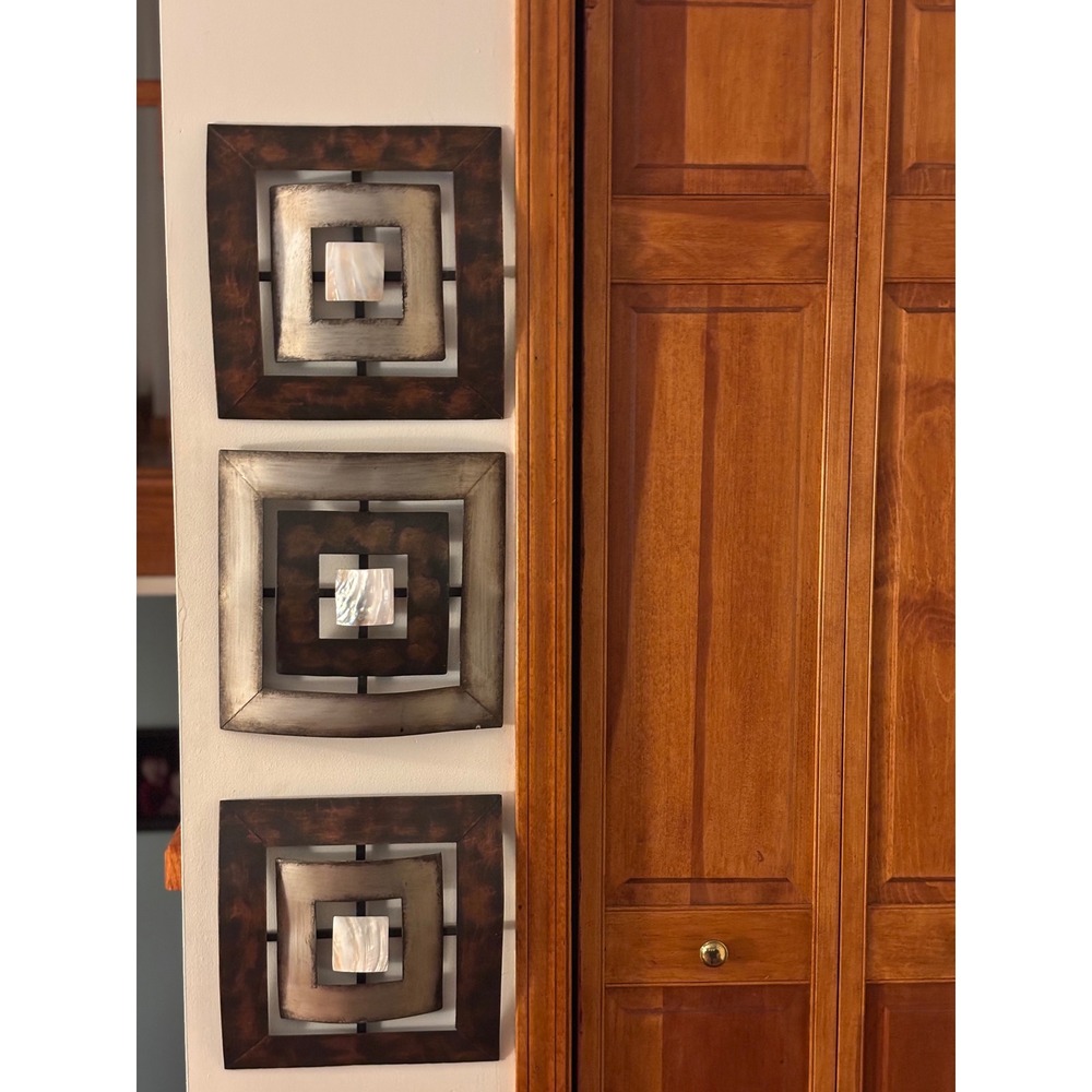 Square Metal Wall Art Set of 3 Bronze Silver Mother of Pearl Geometric Good